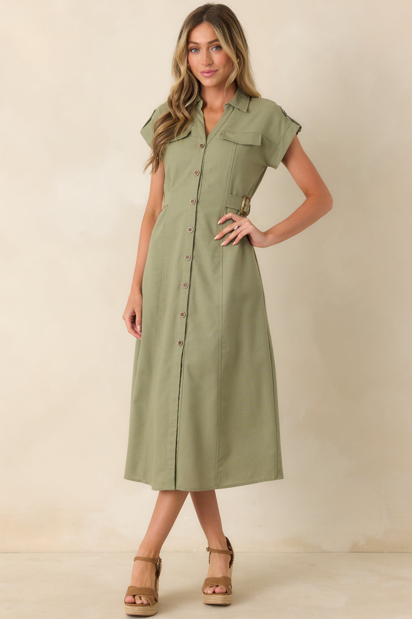 Women's Easy Authority Sage Green Button Front Utility Midi Dress | Size: M | Red Dress Women's Easy Authority Sage Green Button Front Utility Midi Dress | Size: M | Red Dress