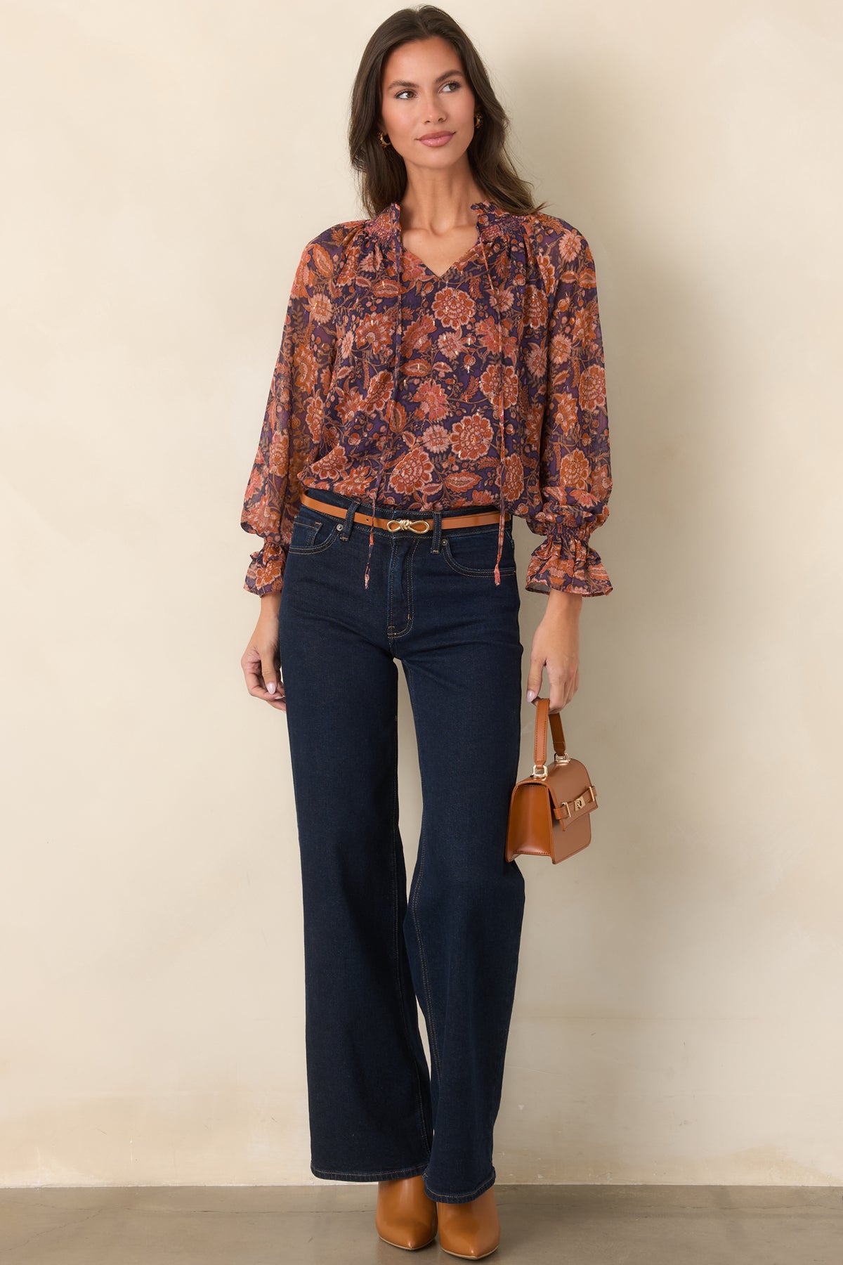 Season of Romance Plum & Rust Floral Ruffle Neck Blouse