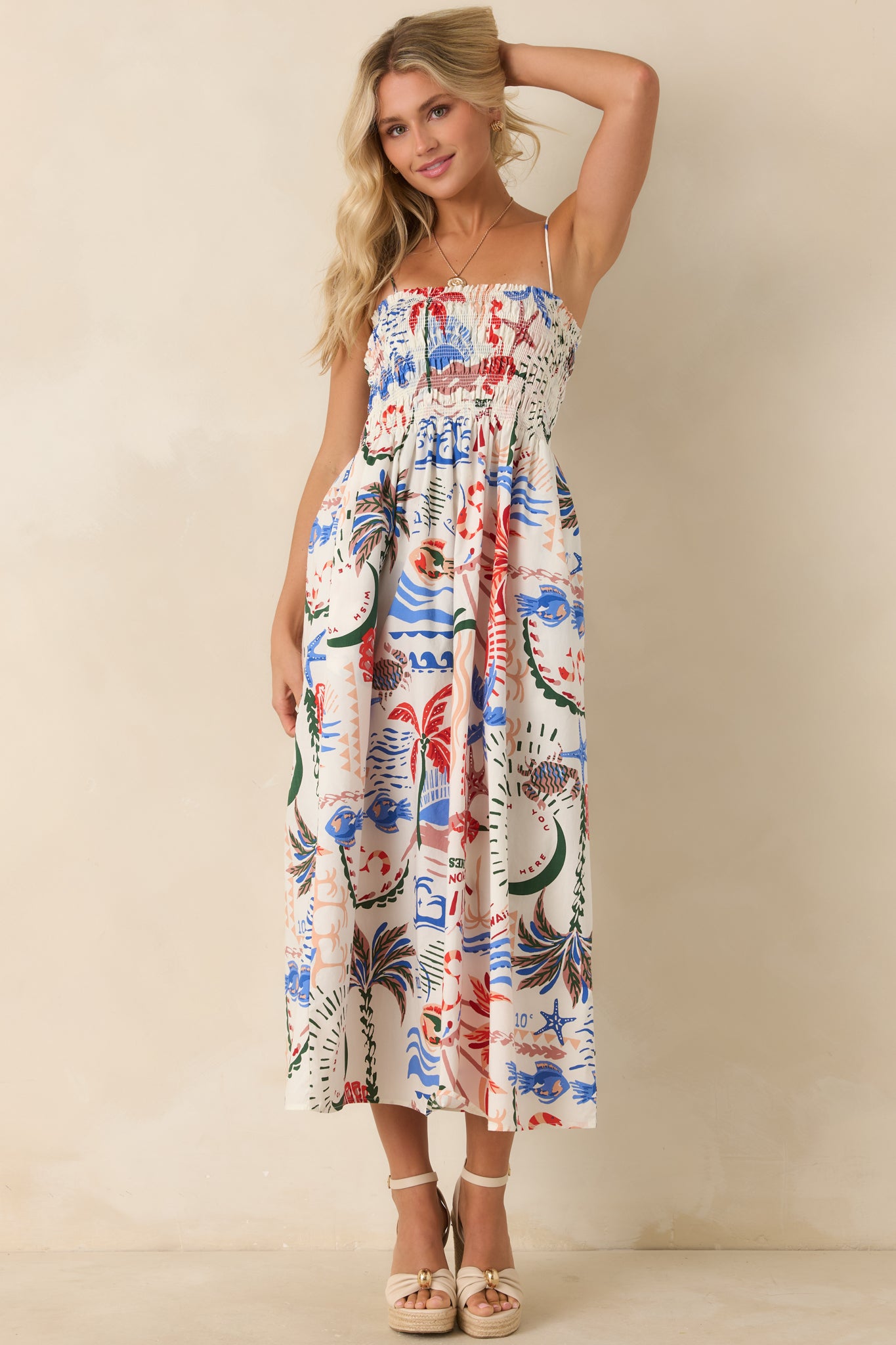 Full-length angle highlighting the straight neckline and allover multicolor print designed for a breezy, summer-ready feel.
