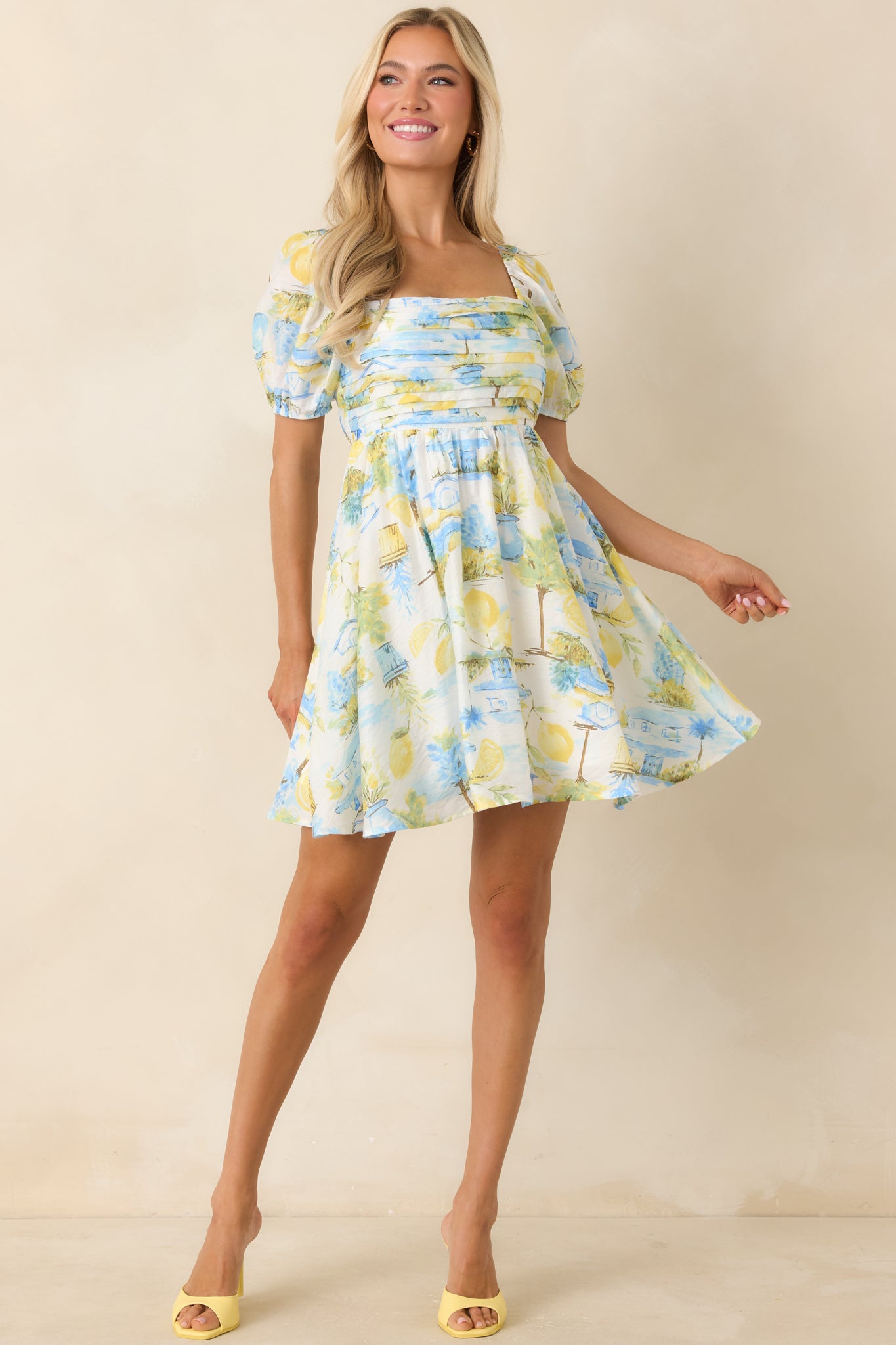 Women's Limoncello Daydream Blue & Yellow Scenic Citrus Print Mini Dress | Size: S Women's Limoncello Daydream Blue & Yellow Scenic Citrus Print Mini Dress | Size: S