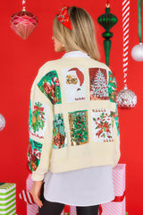 Back view of this sweatshirt that features a crew neckline, an all-over festive sequin pattern, a soft material, and cuffed long sleeves.