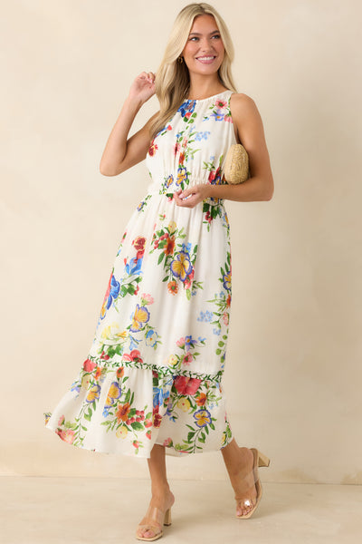 Women's Pick Me Pretty Ivory Multi Floral Sleeveless Midi Dress | Size: S