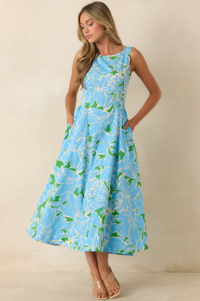 Women's What A Delight Blue Floral Cotton Midi Dress | Size: M