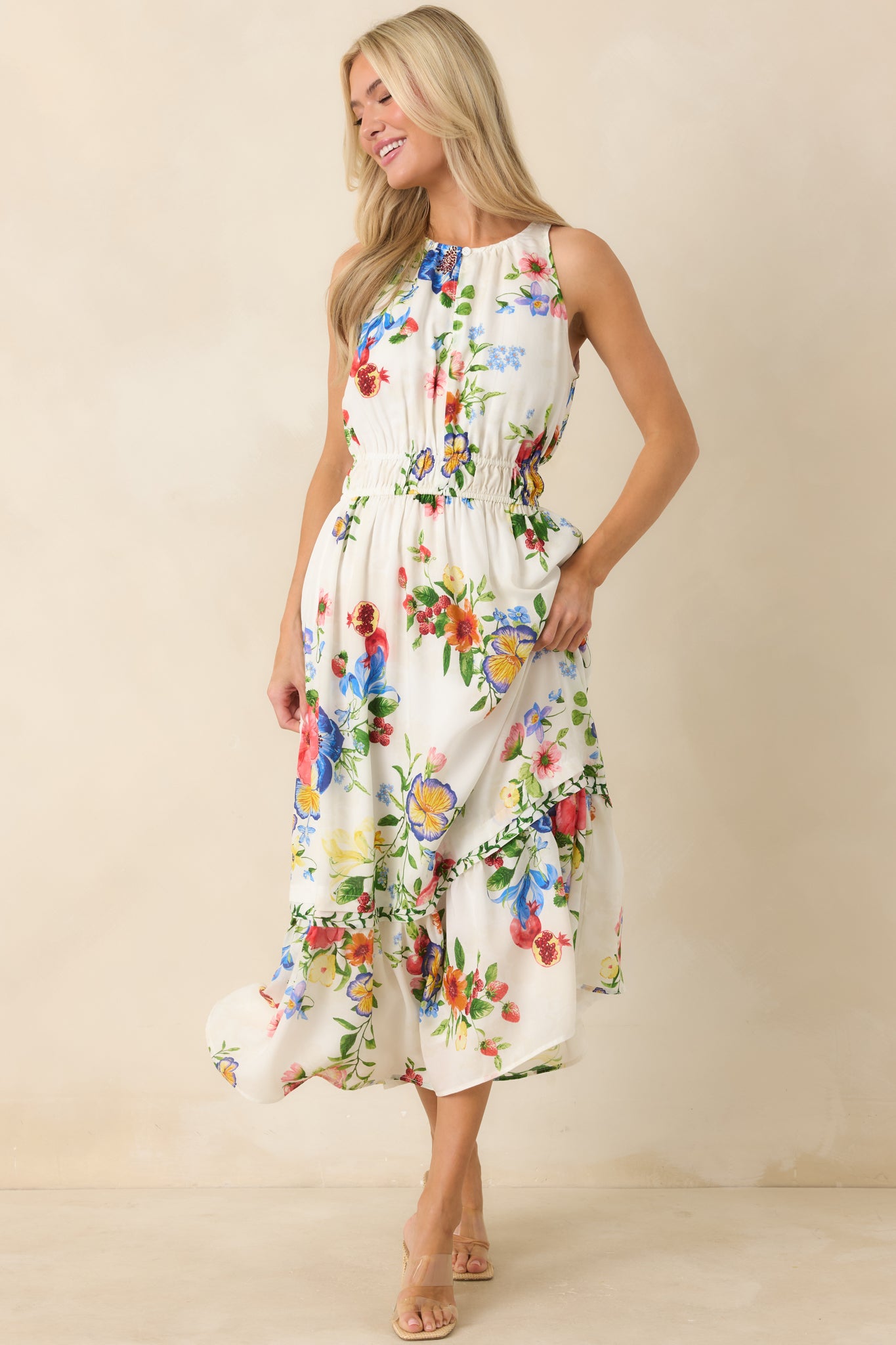 knee length dresses for ladies A Beautiful Becoming Green Floral Print Sleeveless Midi Dress main image 1