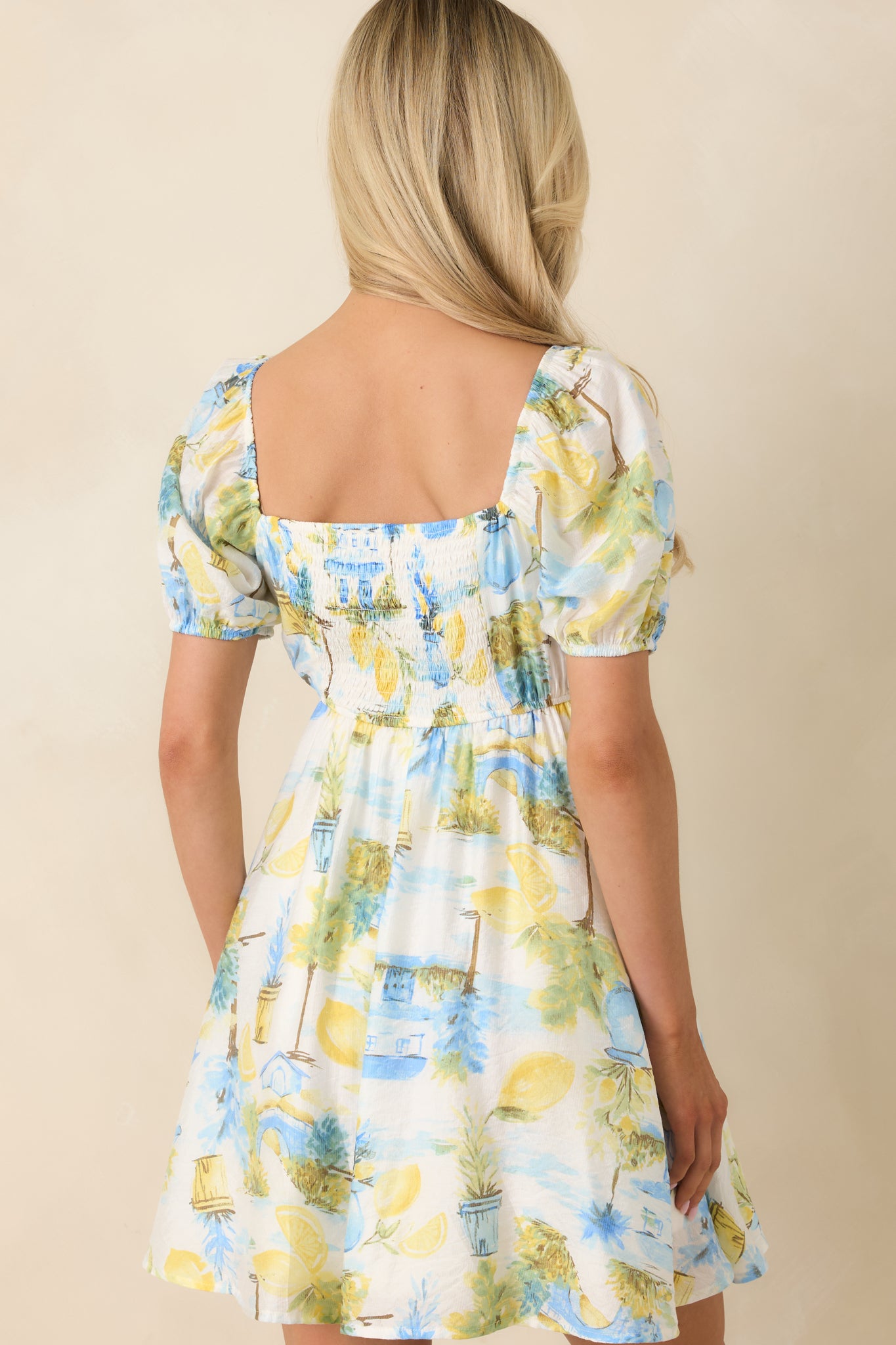 yellow blue dress Women's Limoncello Daydream Blue & Yellow Scenic Citrus Print Mini Dress | Size: S