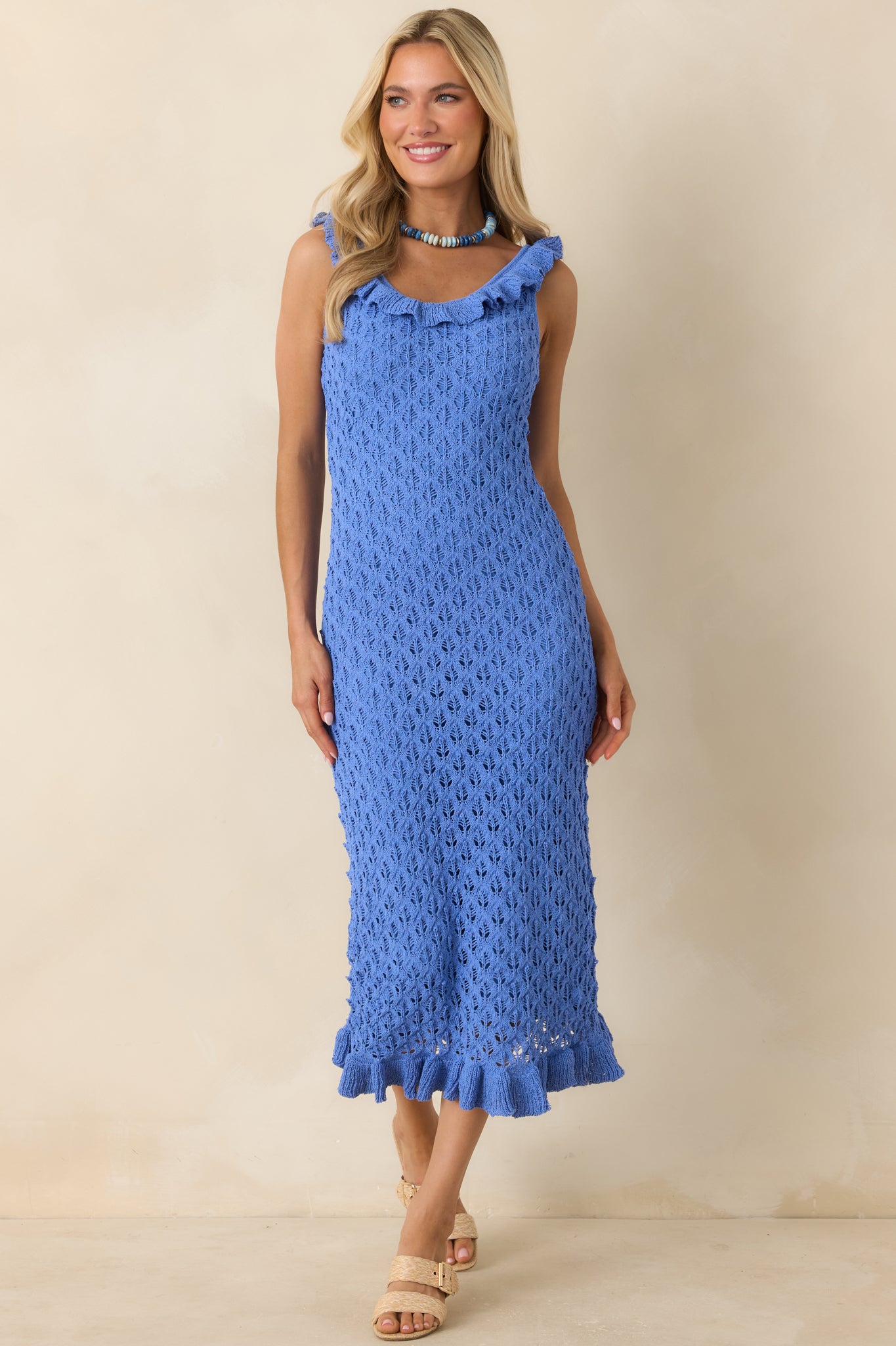 MINKPINK Arlo Cobalt Blue Pointelle Ruffle Midi Dress | Red Dress