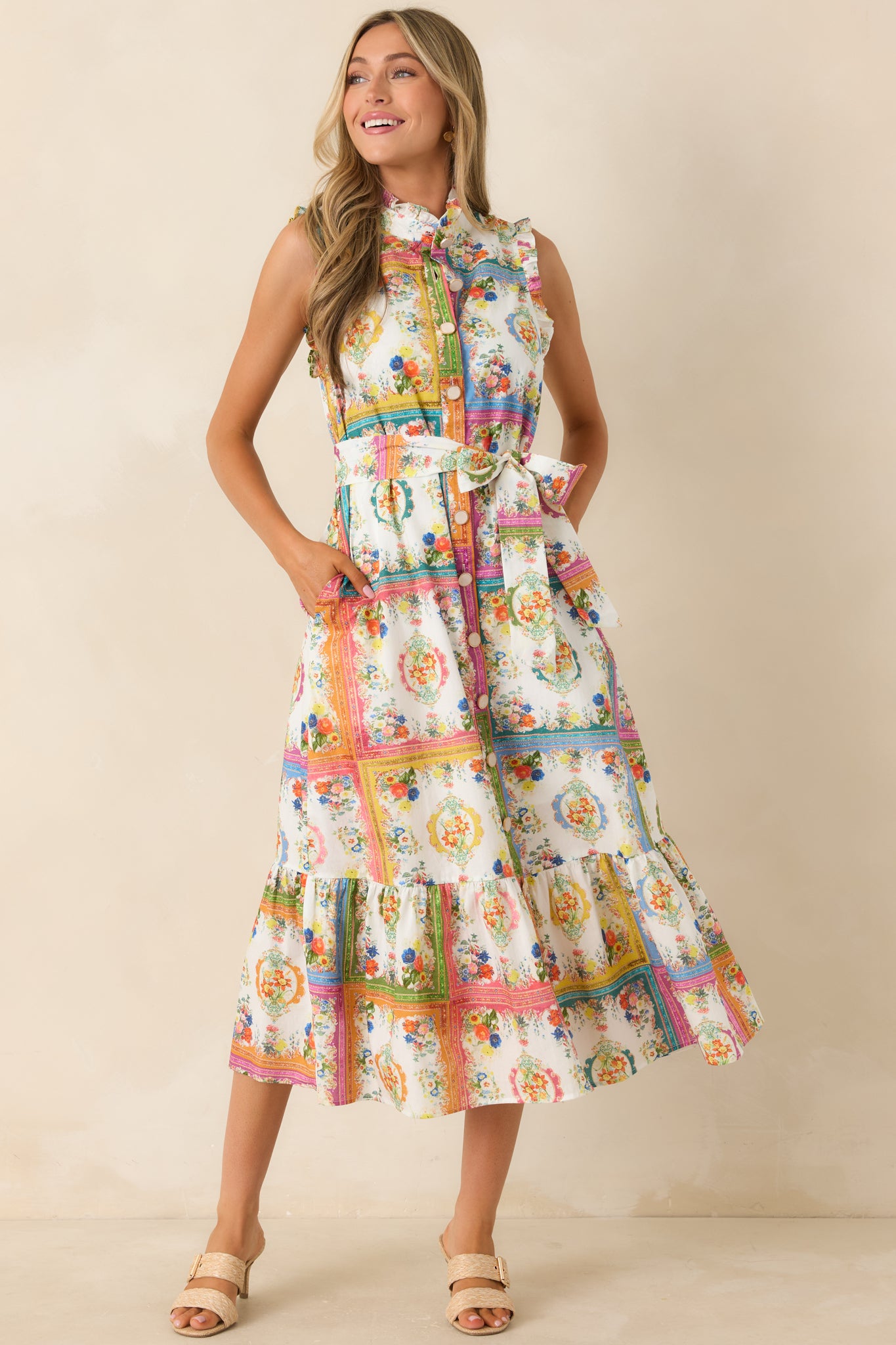 Multi floral tile print midi dress featuring a button front closure with pearlescent and gold buttons.