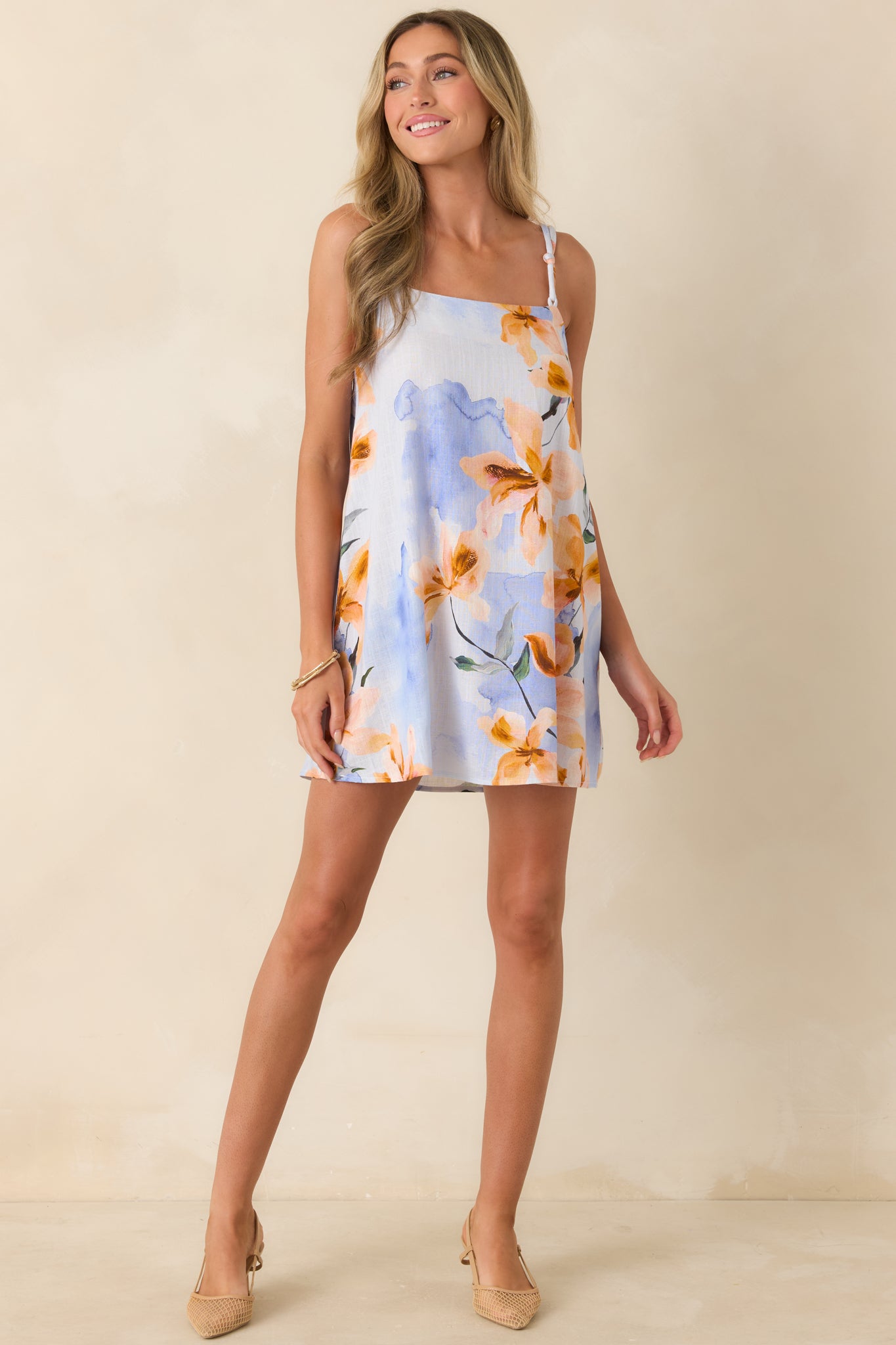 Women's Sunspell Blue Multi Floral Linen Blend Shift Mini Dress | Size: L
