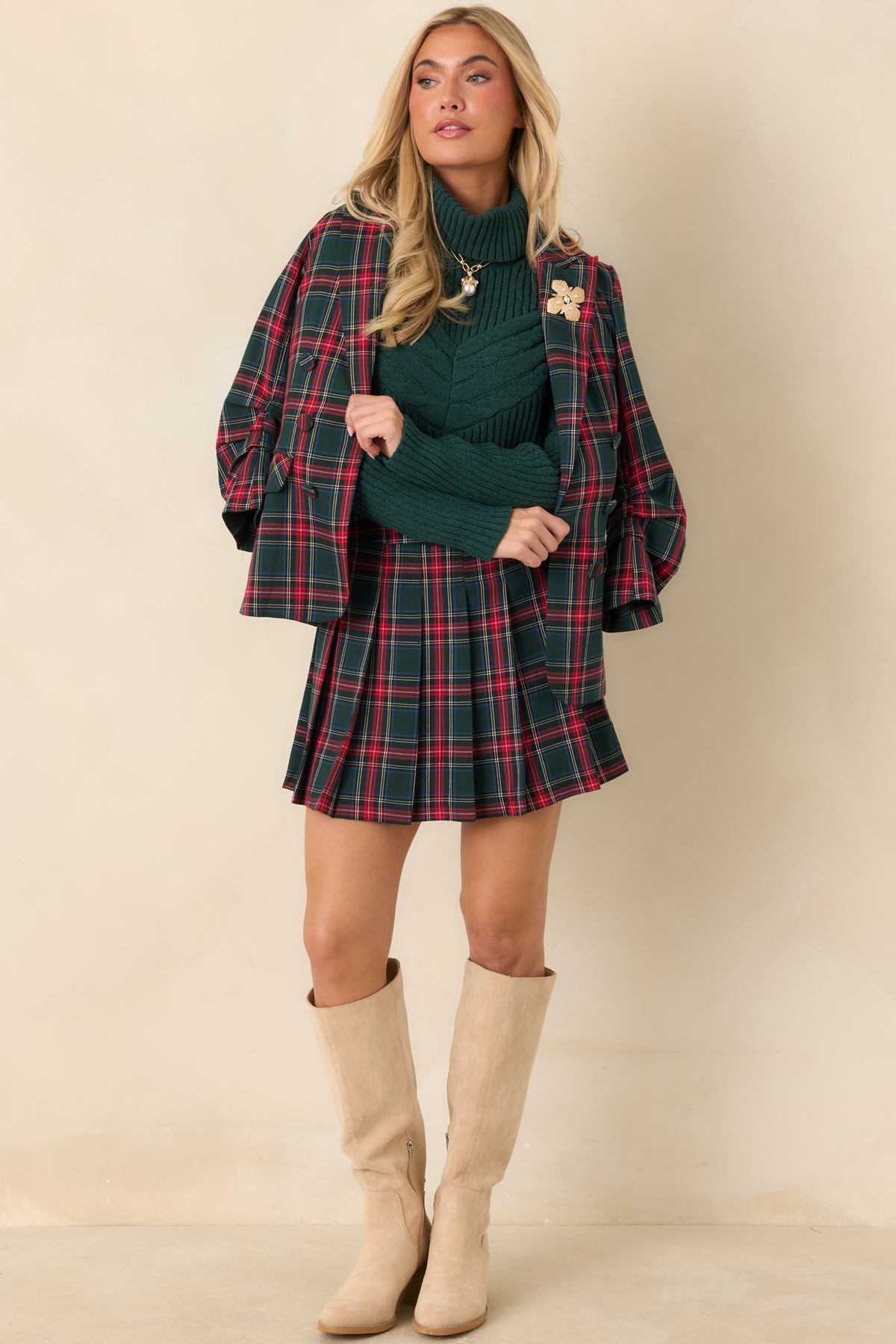 On the Good List Green Tartan Plaid Ruched Sleeve Blazer