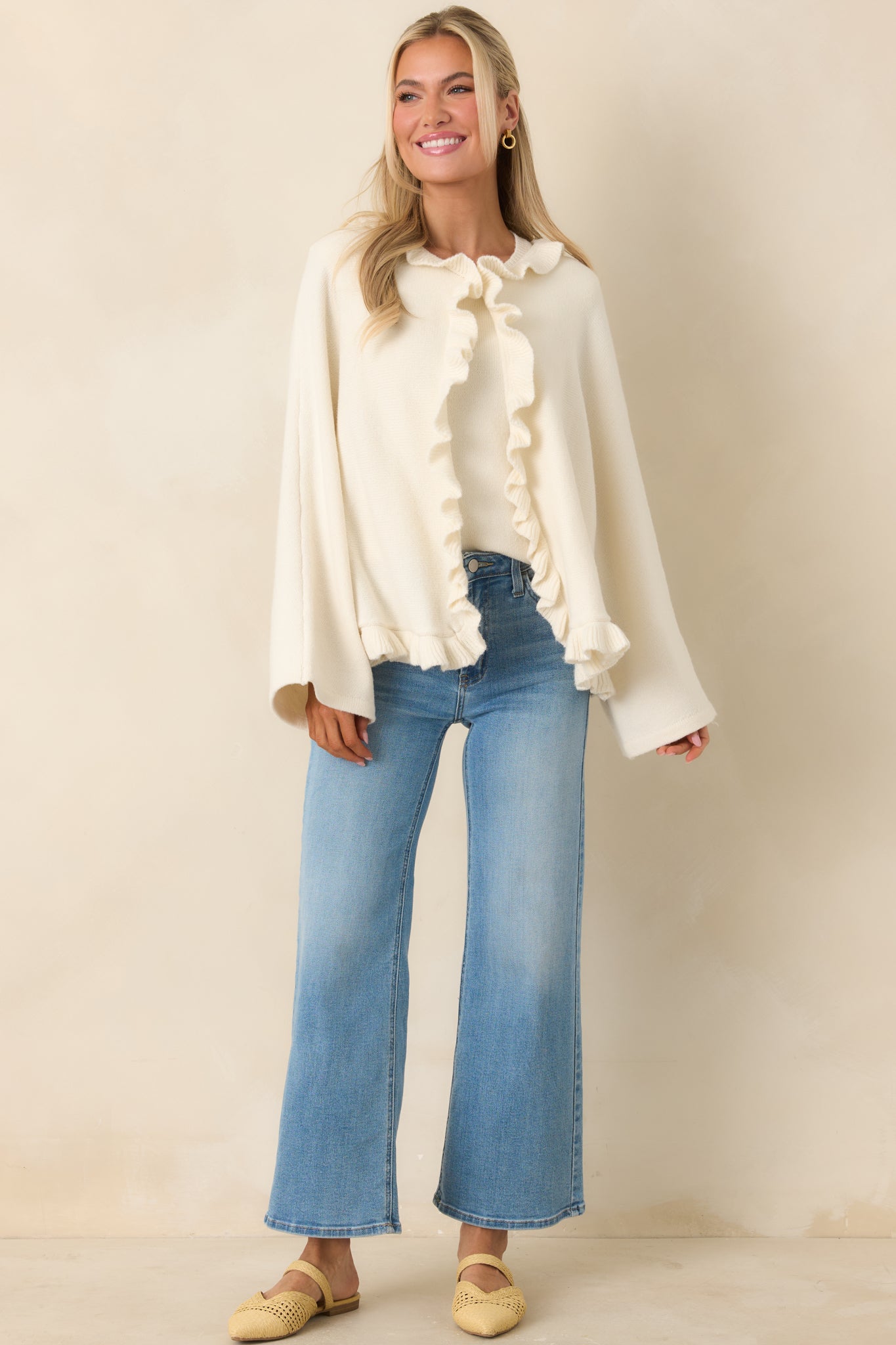 Prosperina Sabrina Ivory Ruffle Cardigan | Red Dress