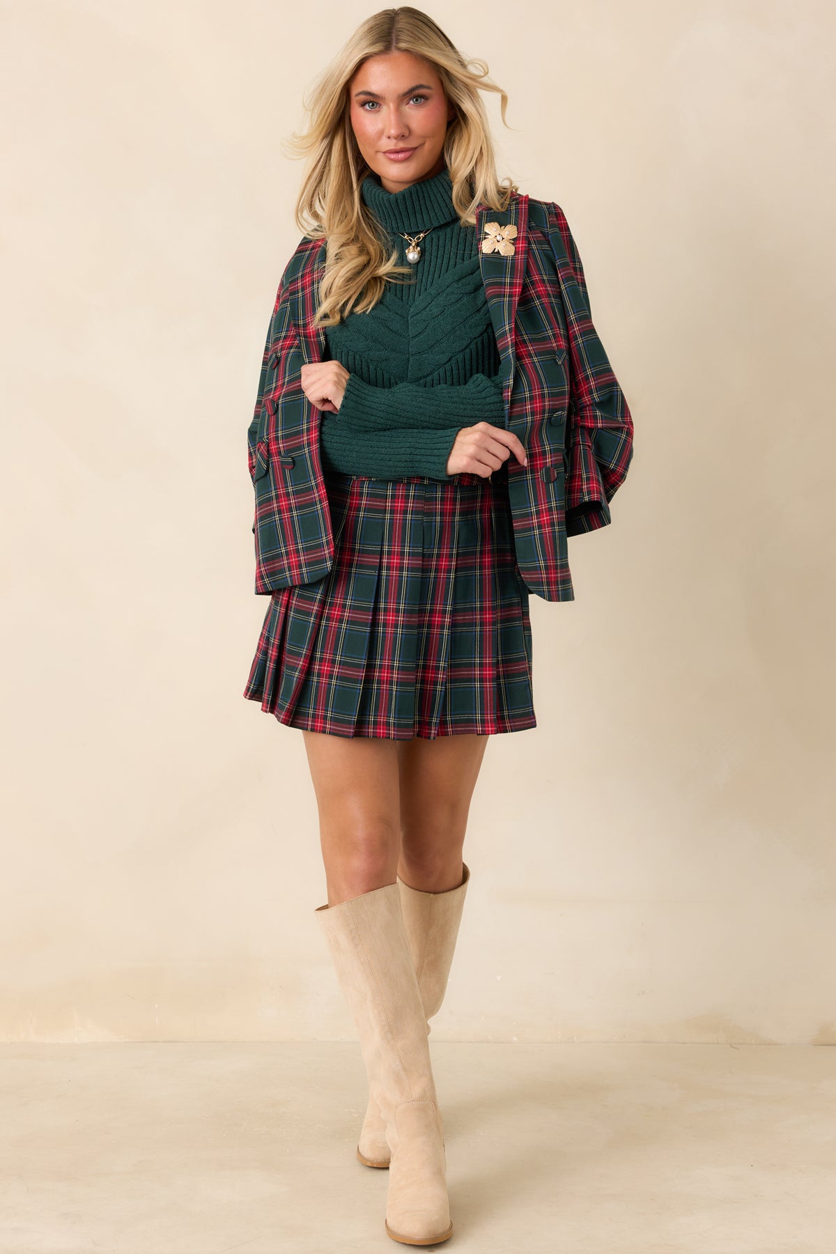 On the Good List Green Tartan Plaid Ruched Sleeve Blazer