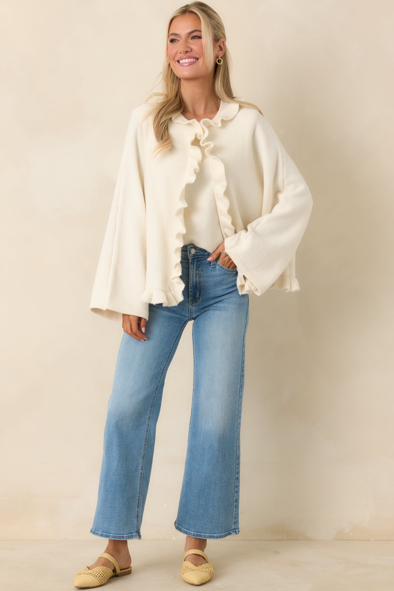 Prosperina Sabrina Ivory Ruffle Cardigan | Red Dress
