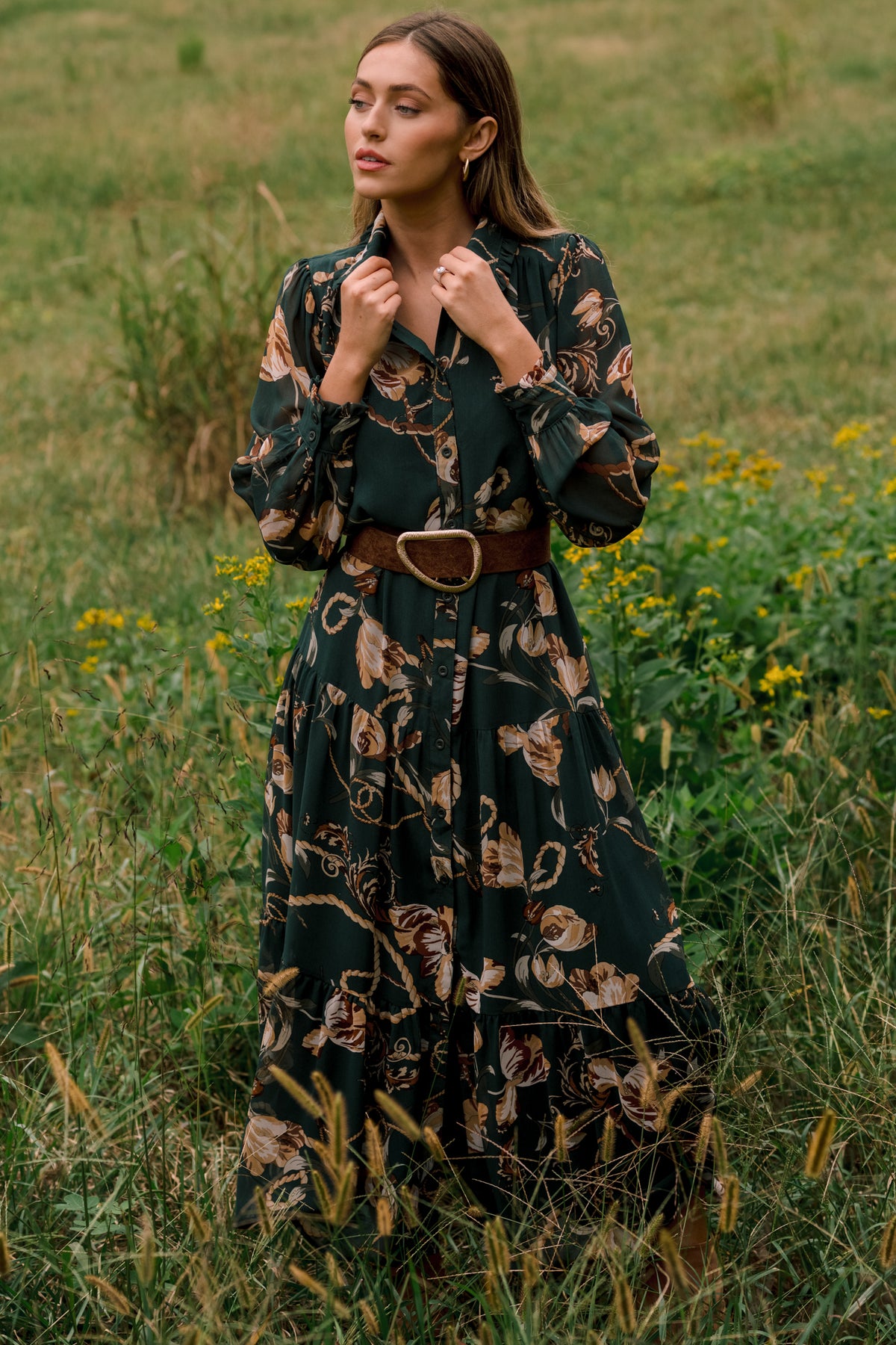Weekend at the Manor Forest Green Floral Rope Print Tie-Waist Maxi Dress
