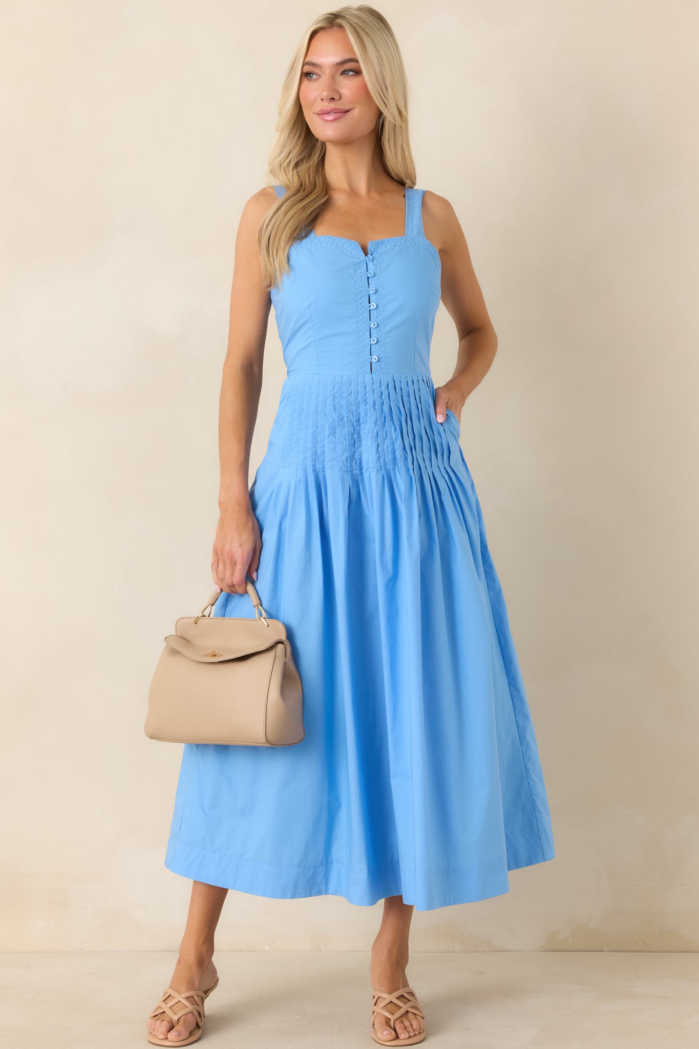 Red Dress | Light Blue Cotton Pleated Midi Dress