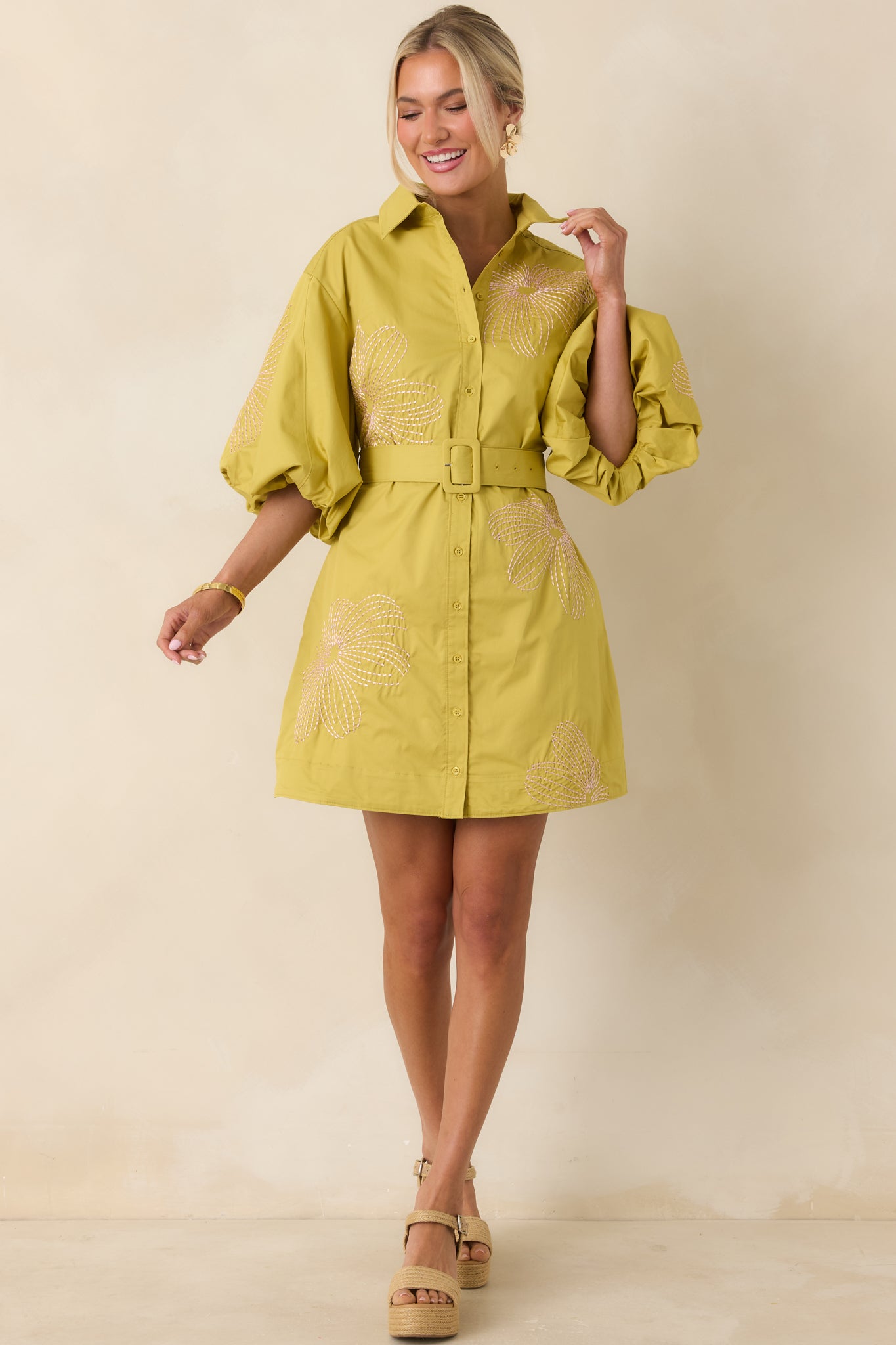 Button-front mini dress with classic collar, textured pink embroidery, and a cinched waist silhouette.