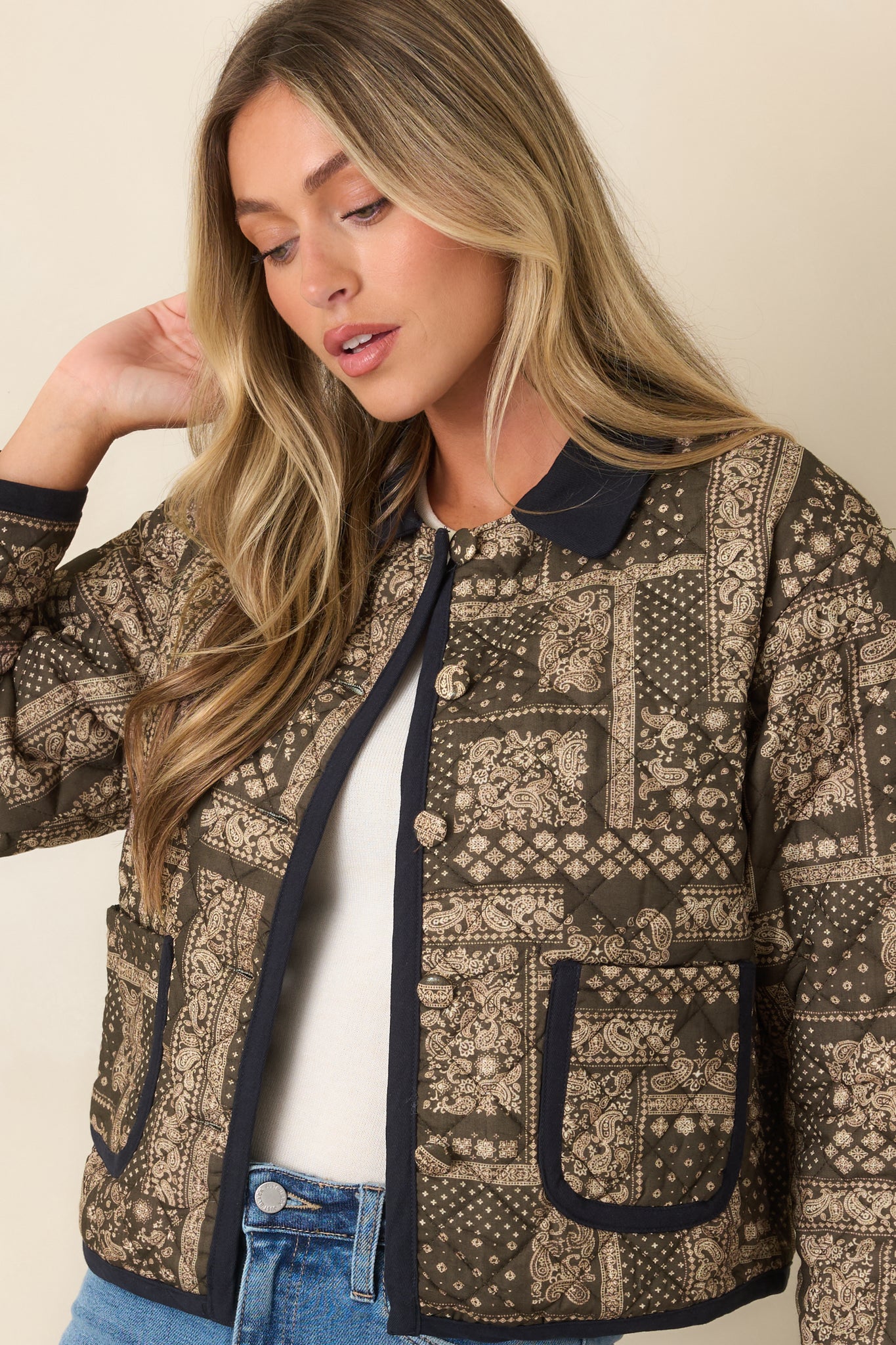Consider It Covered Moss Green & Ivory Paisley Quilted Jacket