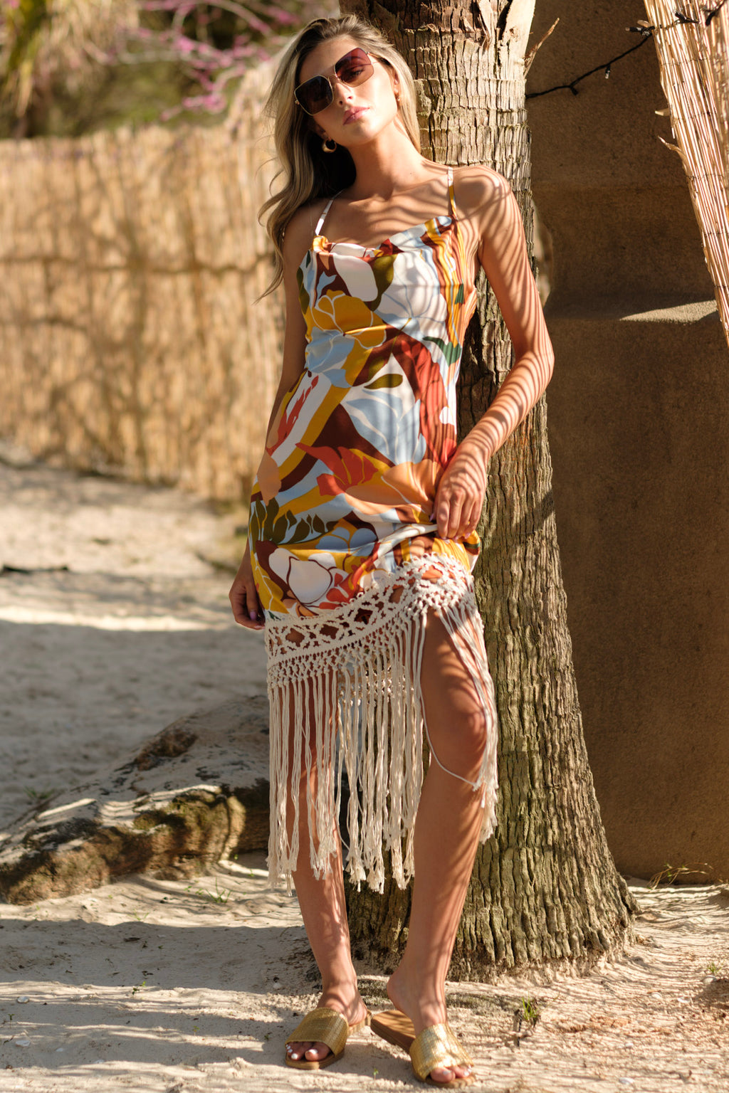 Orangeade Tropical Print Fringe Mini Dress