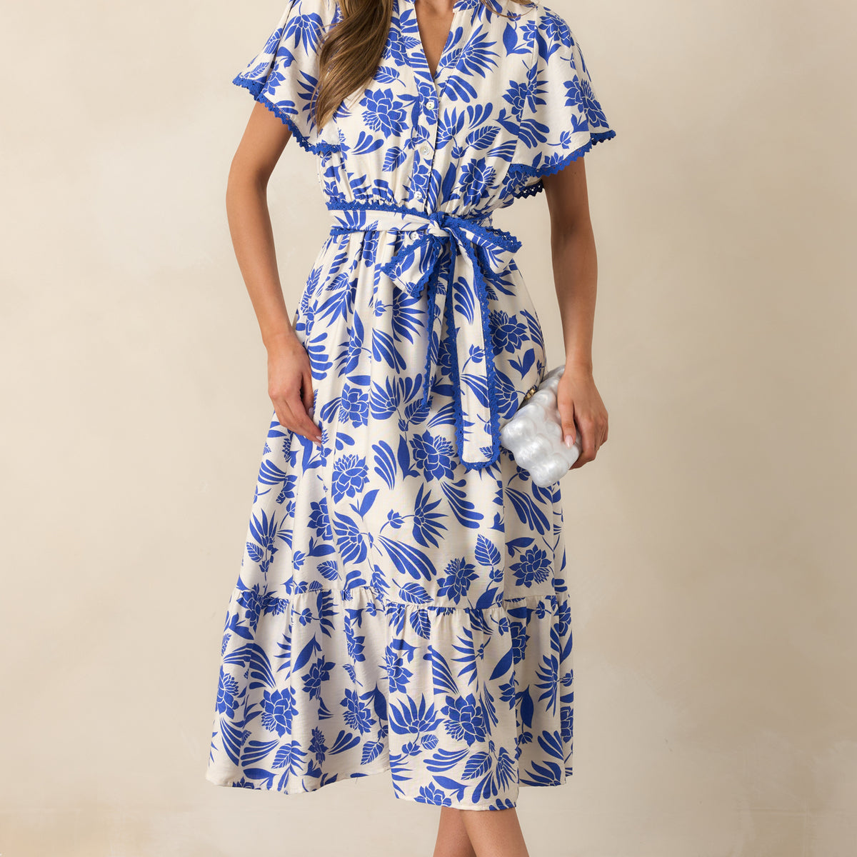 blue and red midi dress Women's Pack the Film & Sunscreen Blue Gingham Contrast Trim Midi Dress | Size: L