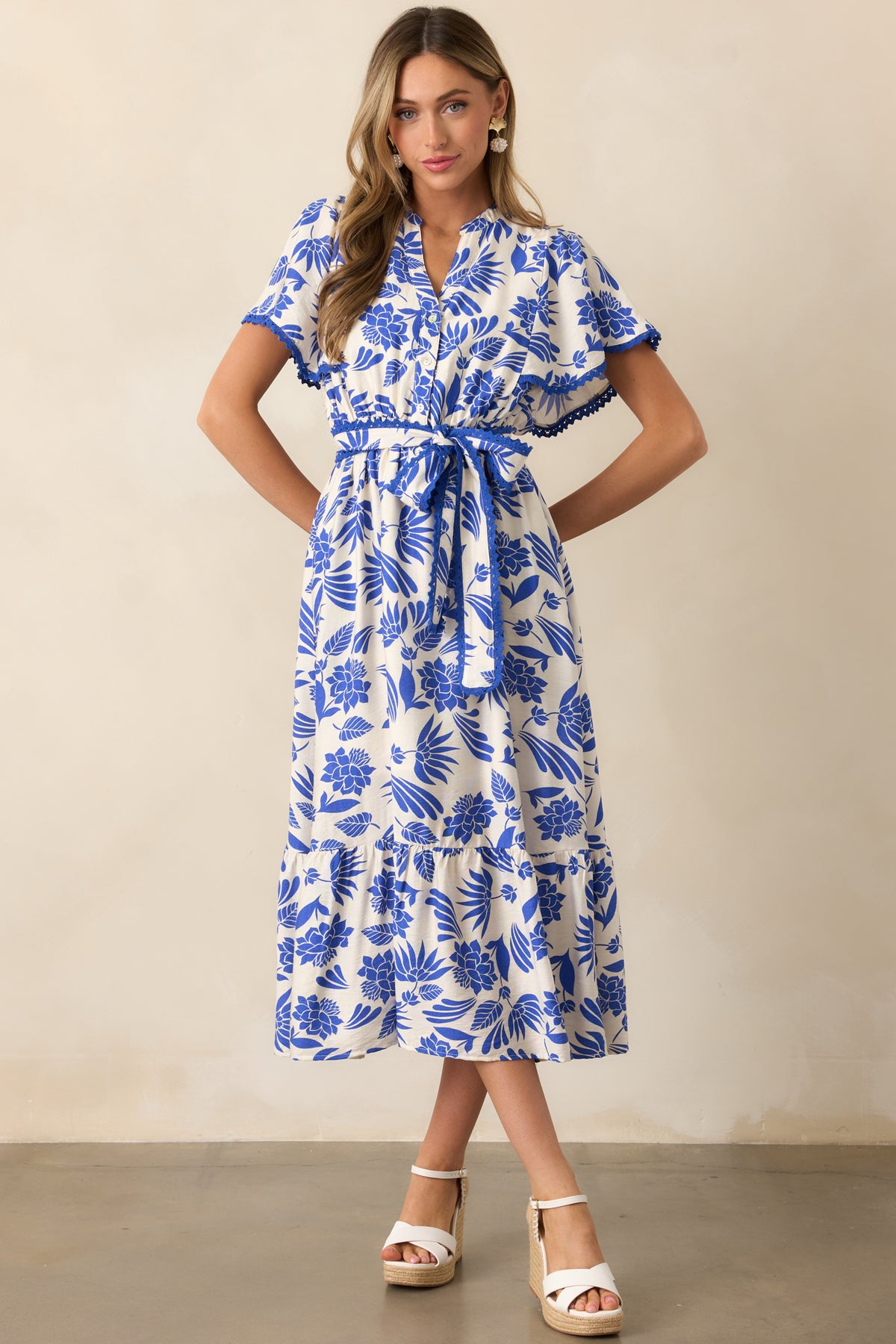 Blue Floral Short Sleeve Midi Dress