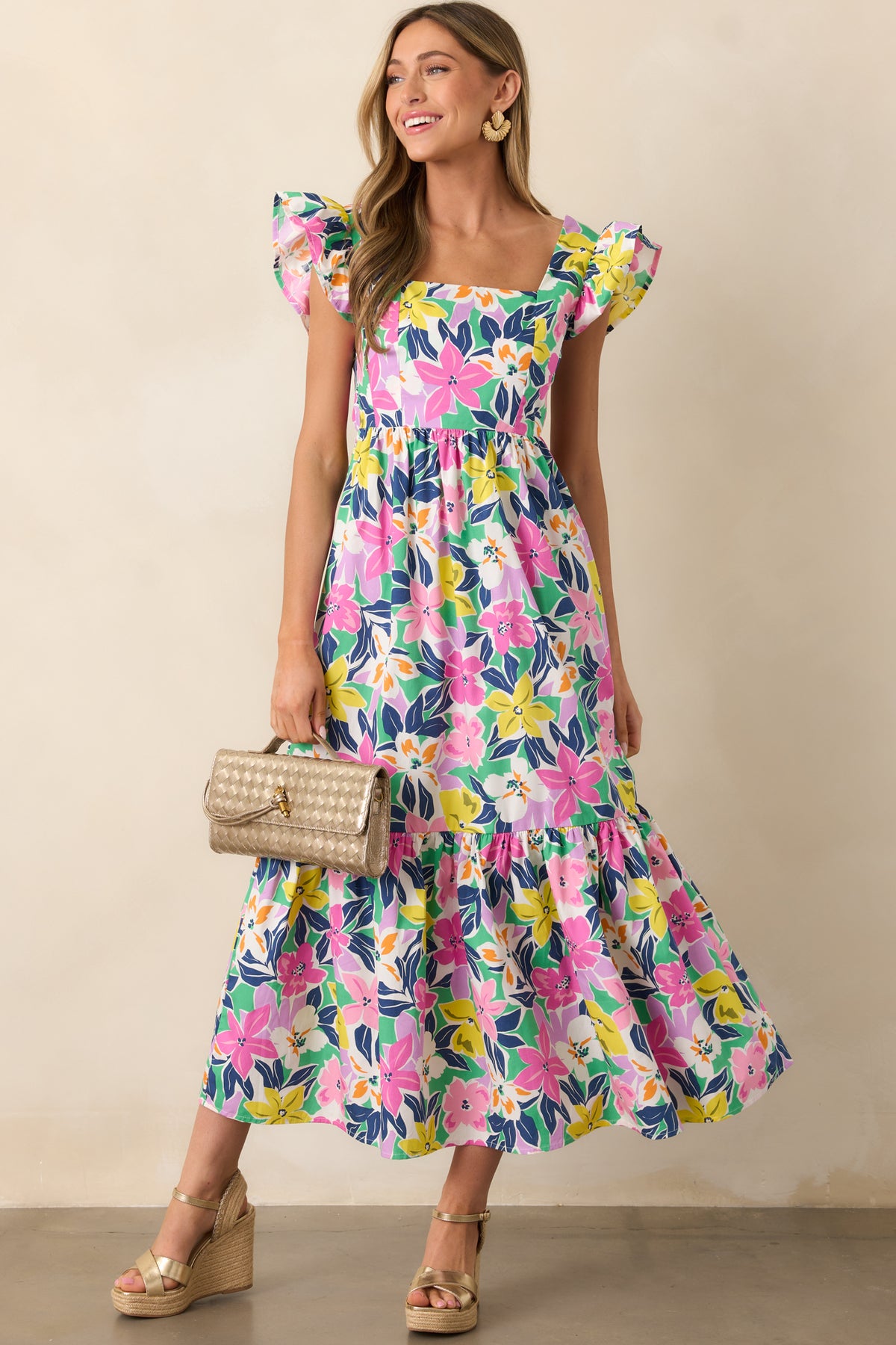 Pink Tropical Floral Flutter Sleeve Maxi Dress