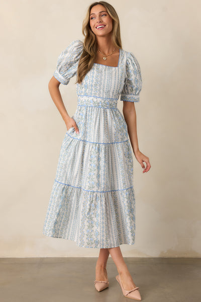 blue full of flowers organic cotton midi dress Farm Rio Blue Full Of Flowers Organic Cotton Midi Dress - Size L