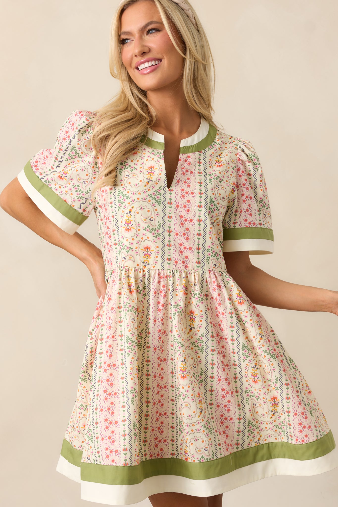 Green Floral Cotton Mini Dress