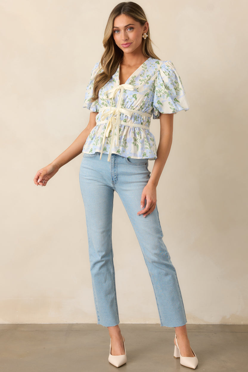 Adrian Puff Cap Sleeve Top Blue Floral