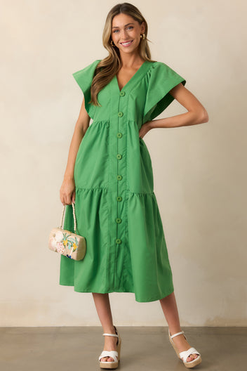 Women Green Lace Front Button Dress