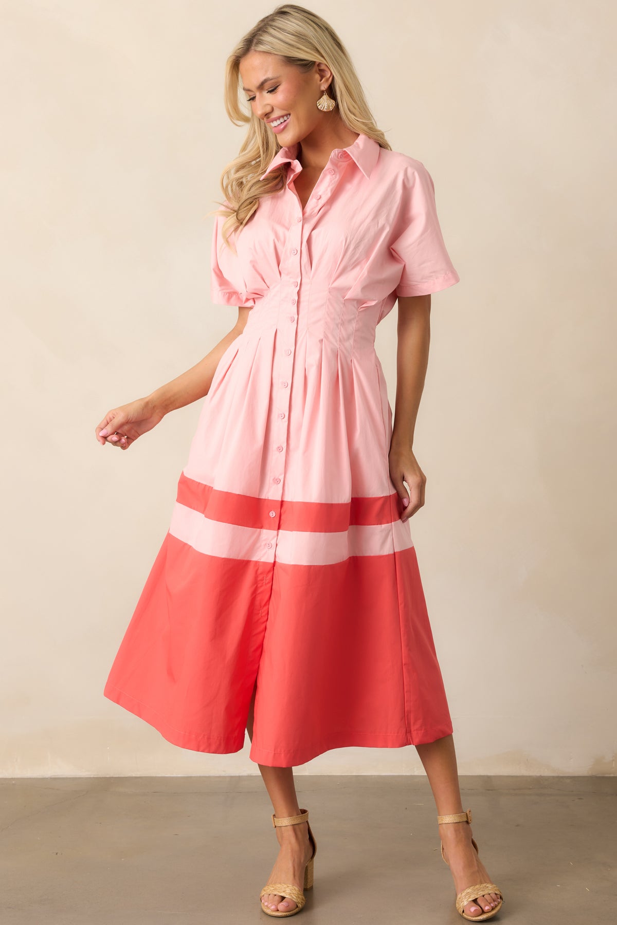 Cotton Pink Button Front Midi Dress