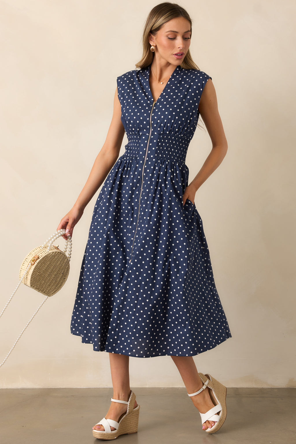 Navy Polka Dot Zip Front Midi Dress - All Dresses
