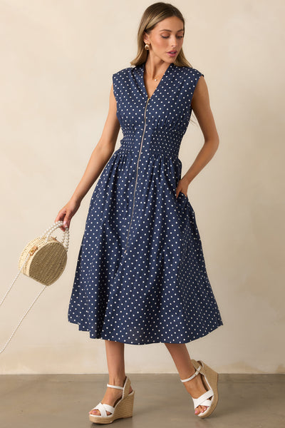 Navy Polka Dot Zip Front Midi Dress - All Dresses