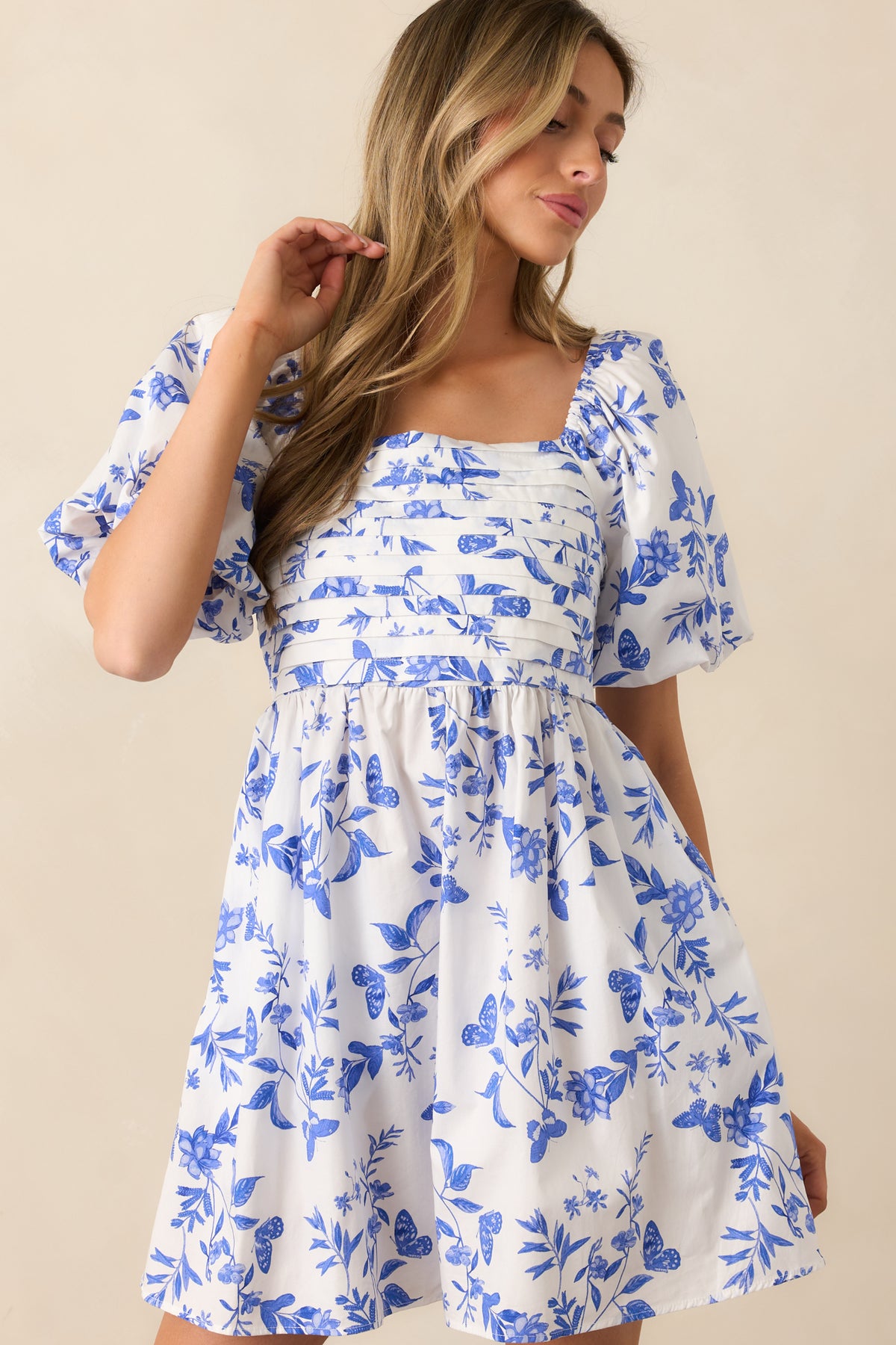 Cotton Blue Puff Sleeve Mini Dress