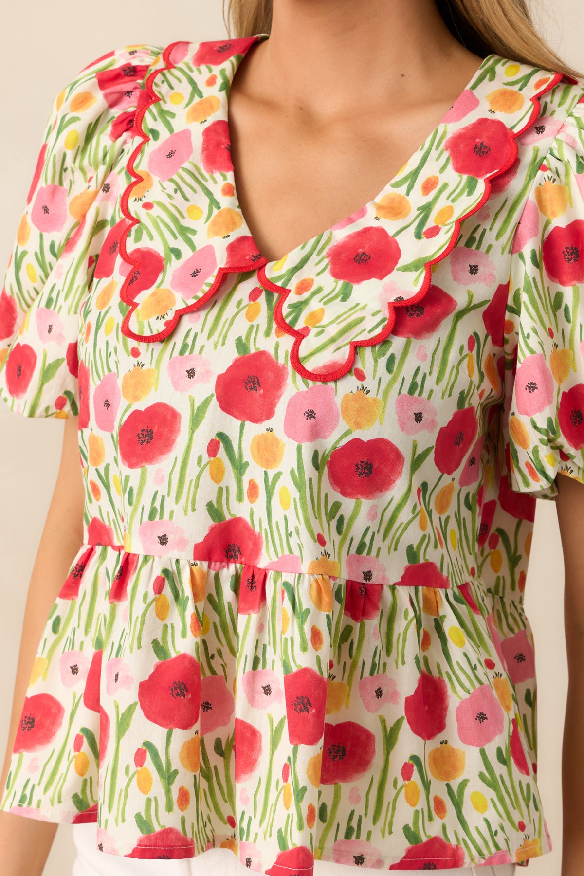 Red Stripe Floral Puff Sleeve Patchwork Round Neck Loose Top