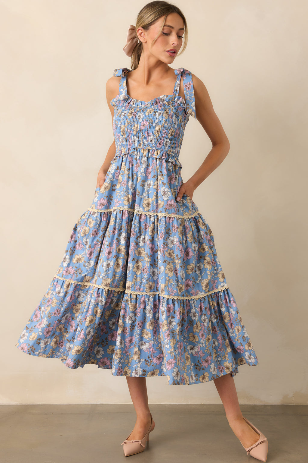 Cotton Ash Blue Floral Midi Dress - All Dresses | Red Dress Cotton Ash Blue Floral Midi Dress - All Dresses | Red Dress