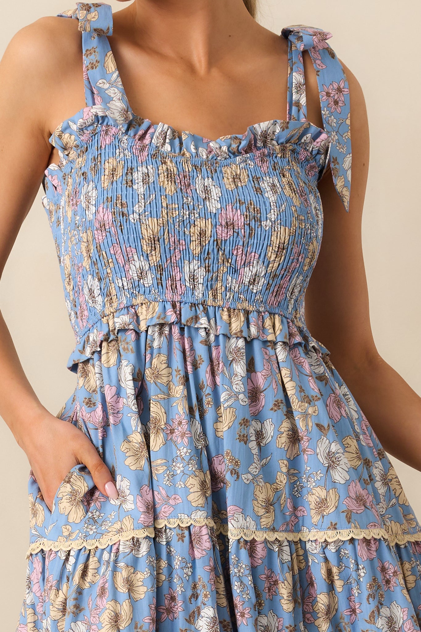 Cotton Ash Blue Floral Midi Dress