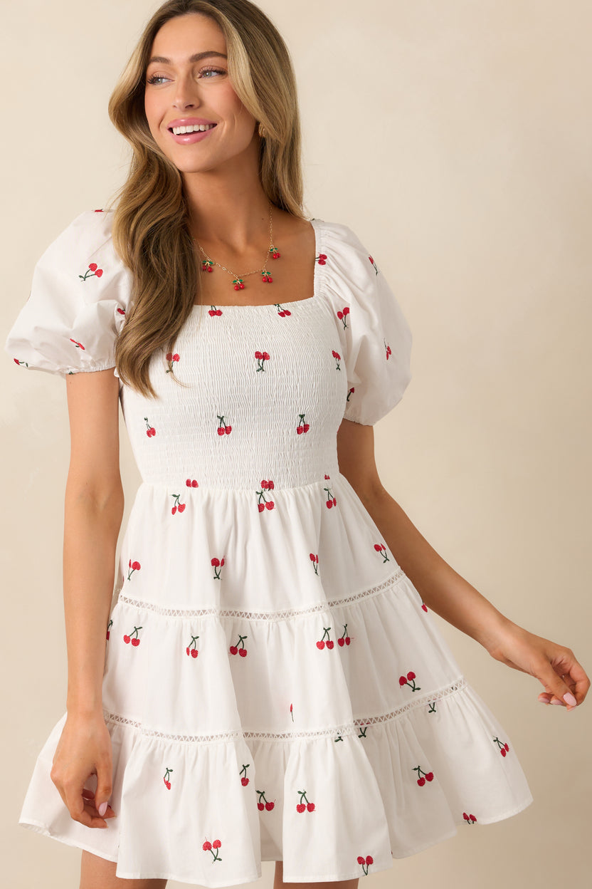 White Cotton Cherry Embroidered Dress