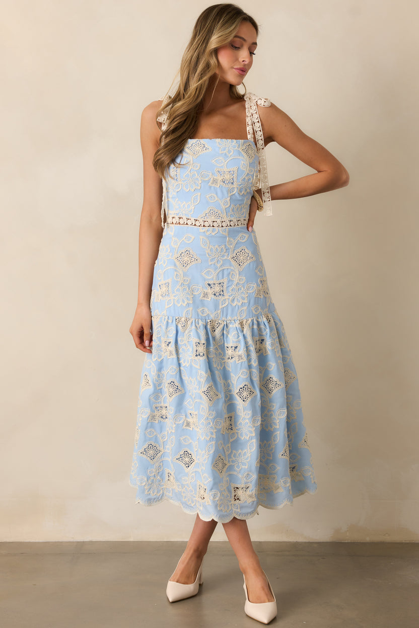 Sky Blue Floral Embroidered Midi Dress - All Dresses | Red Dress