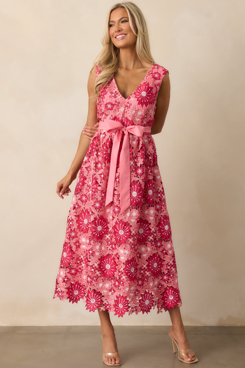 Pink Floral Embroidered Midi Dress