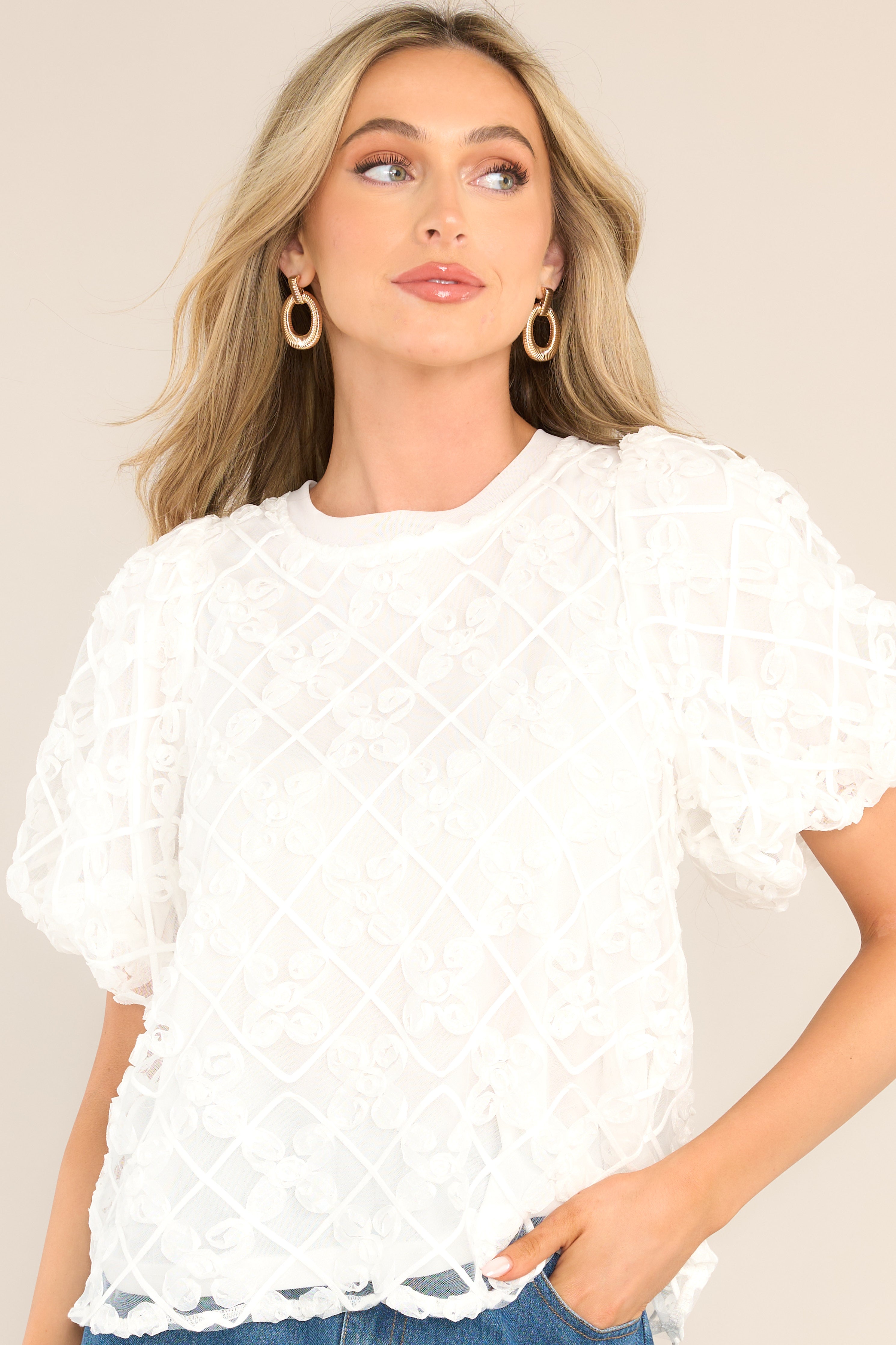 Front view of this top that features a crew neckline, a self-tie feature at the back of the neck and a textured lace pattern.