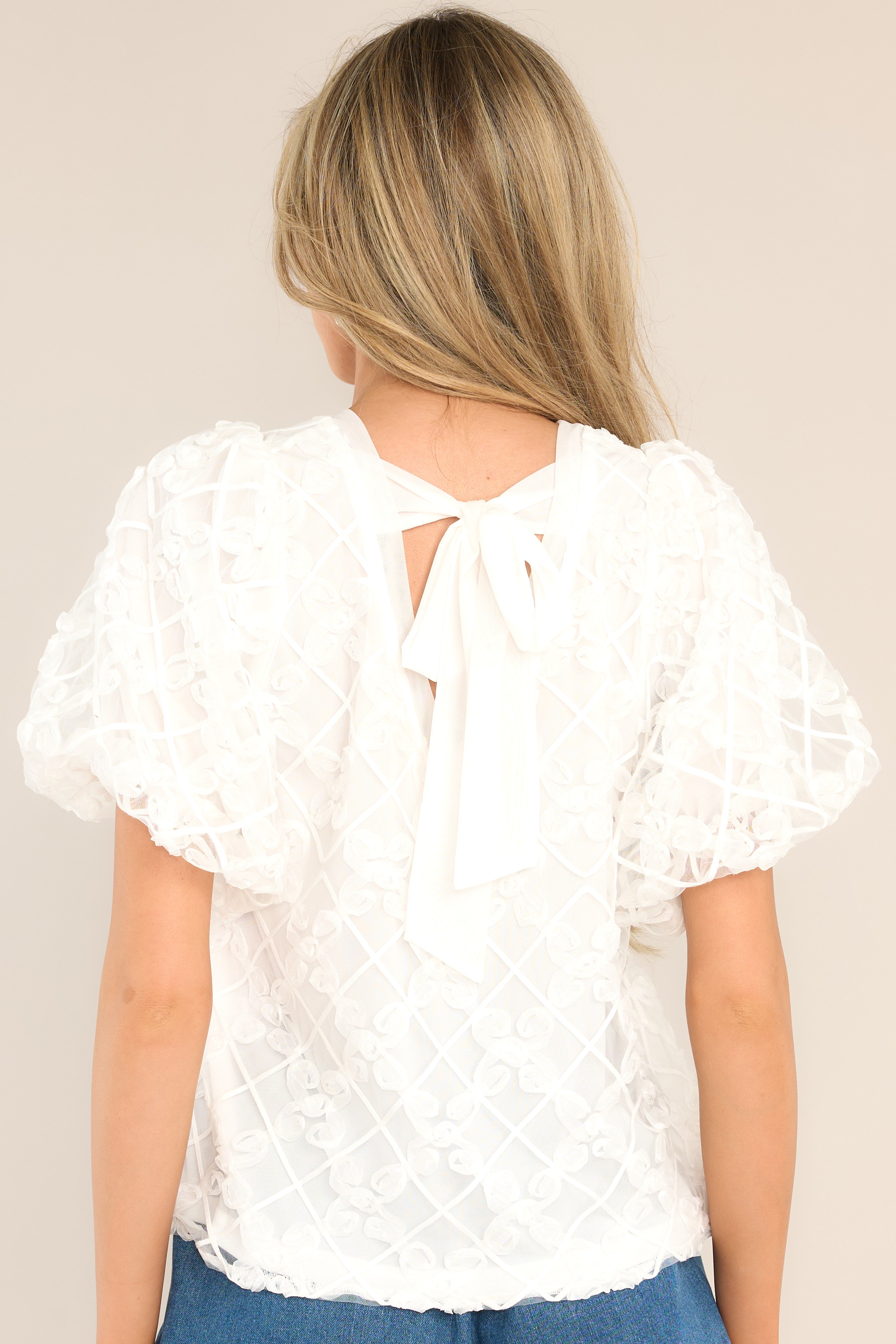 Back view of this top that features a crew neckline, a self-tie feature at the back of the neck, a textured lace pattern, and elastic cuffed puffed sleeves.