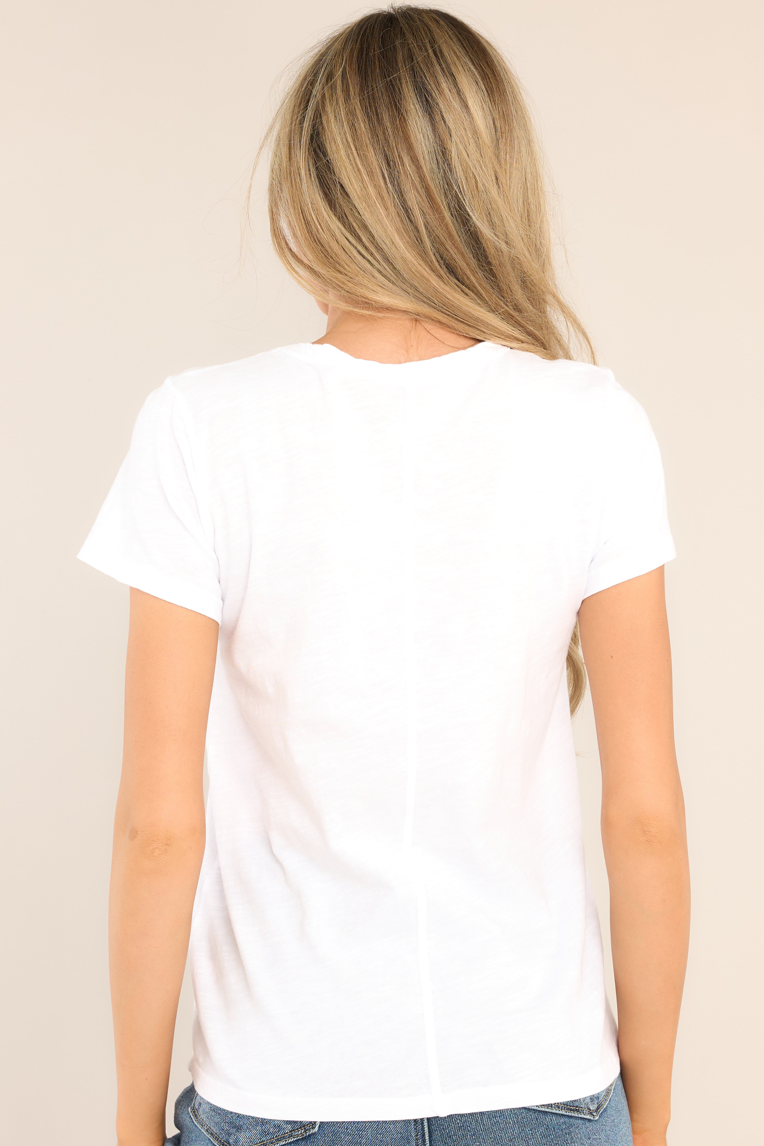 Back view of  this top that features a high crew neckline, lightweight material, an intentional exposed seam in the back, and short sleeves.