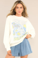 Front view of this sweatshirt that features a crew neckline, dropped shoulders, a summery graphic that says 