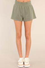 Front view of These shorts feature a mid-rise smocked waistband and a breathable fabric.