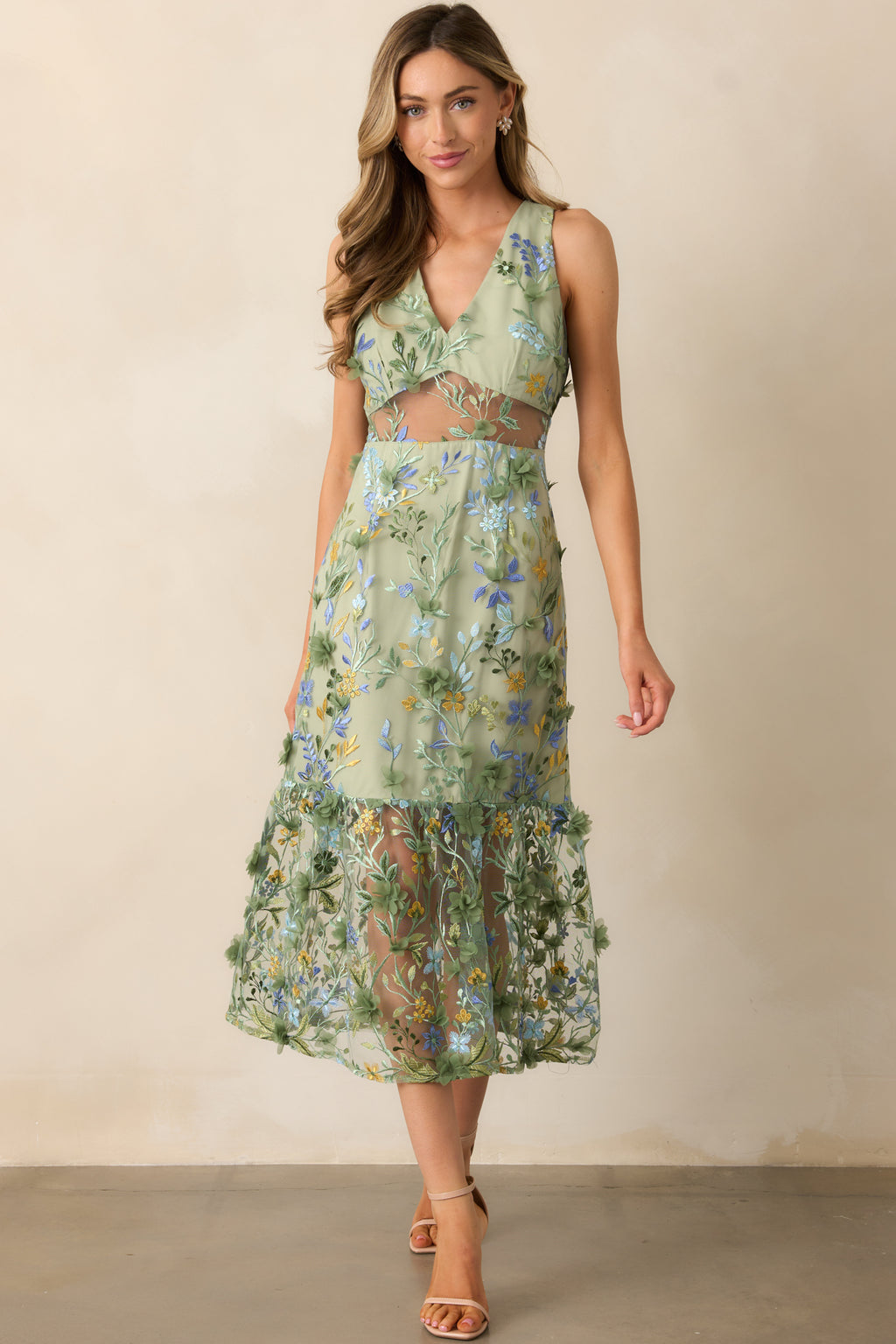 Green Floral Embroidered Midi Dress - Event Dresses | Red Dress Green Floral Embroidered Midi Dress - Event Dresses | Red Dress