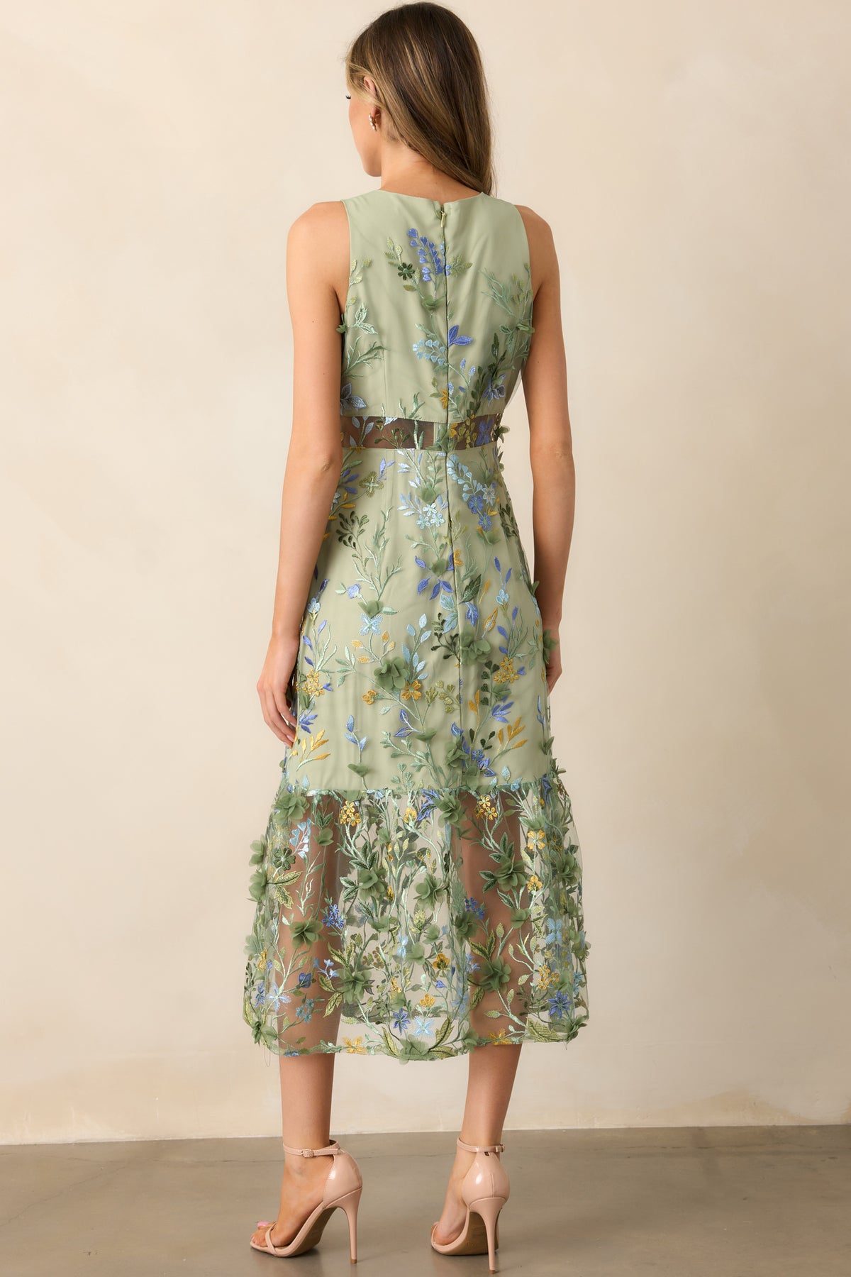 GREEN Mix Striped Floral Midi Dress