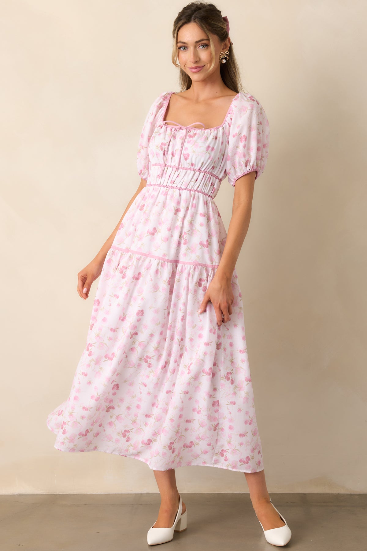 Pink Floral Puff Sleeve Dress