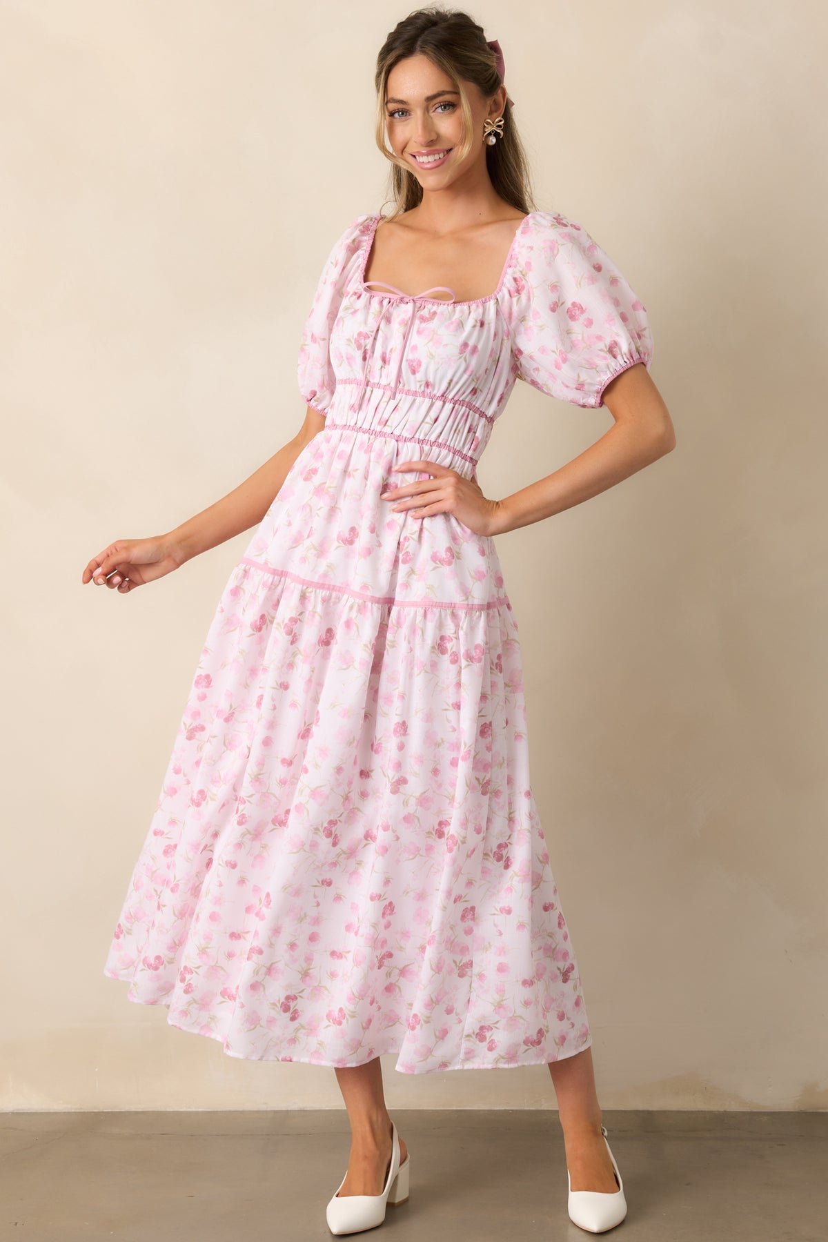 Pink Floral Puff Sleeve Dress