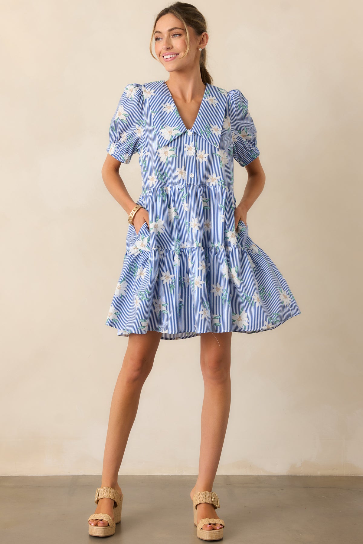 Blue Stripe Floral Cotton Puff Sleeve Dress