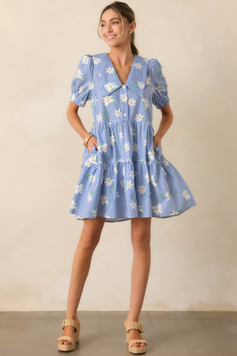 Blue Stripe Puff Sleeve Dress main image 0