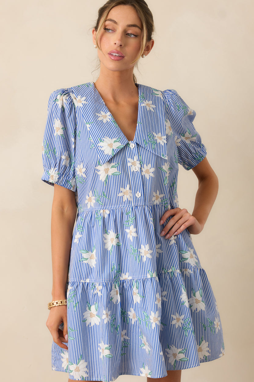Blue Stripe Floral Cotton Puff Sleeve Dress